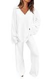 PRETTYGARDEN Women's 2 Piece Pullover Sweater Set Oversized V Neck Top Wide Leg Pants Fall Winter Fuzzy Lounge Outfit (White,Small)