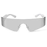 LIU·WEN Trendy Y2K Rimless Futuristic Wrap Around Sunglasses for Women Men Fashion Shield Flat Shades(Silver/Silver Mirrored)