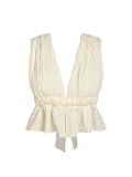 CIDER Solid V-Neck Ruffle Crop Cami Top: Beige, L