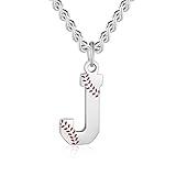 AIAINAGI Baseball Initial A-Z Letter Necklace for Men Baseball Charm Pendant Stainless Steel Silver Chain 22inch Personalized Baseball Gift for Men（J