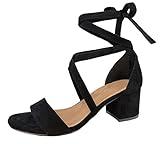 Wrap Around Lace Up Open Toe Low Block Chunky Heels Sandals, Black, 6.5