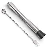 Hiware 10 Inch Stainless Steel Cocktail Muddler and Mixing Spoon Home Bar Tool Set - Create Delicious Mojitos and Other Fruit Based Drinks