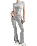 SUUKSESS Women 2 Piece Lounge Sets Going Out Y2K Foldover Pants Crew Neck Fitted Shirts Matching Pajamas (Light Grey, XS)