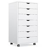 OLIXIS 7 Drawer Chest Wood File Cabinet Rolling Organization Storage Dresser with Wheels for Home Office, 15.75" D x 18.74" W x 34.25" H, White