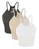 ODODOS Women's 3-Pack Seamless Cami Tops Ribbed Camisole Tank Top, White+Charcoal+Mushroom, X-Small/Small