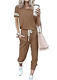 PRETTYGARDEN Women Summer Two Piece Outfits Striped Short Sleeve Pullover and Long Pants Tracksuit Travel Pajama Lounge Set (Khaki,Small)