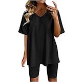 Trending Tiktok Items, Two Piece Outfits Sets for Women 2024 Summer V Neck Oversized T-Shirt Tops Biker Shorts Workout Sports Tracksuit