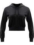 CADMUS Women's Workout Long Sleeve Shirts with Hoodie Sweatshirt Running Crop Top 1 Pack, Black, Small