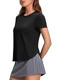 PINSPARK Womens UV Protection Workout T-Shirts Short Sleeve Loose Fit Yoga Top Moisture Wicking Sports Tee Shirts Black M