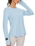 Blingfit Women's Long Sleeve Workout Shirts Loose Active Tops Running Gym Exercise T-Shirts with Thumb Hole Light Blue M