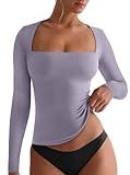 REORIA Sexy Square Neck Tops for Women Fall Baisc Clothes 2024 Long Sleeve Shirts Double Lined Tight Fitted Full Length T Shirts Hazy Lilac Medium