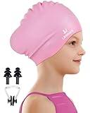 Kids Long Hair Swim Cap for Girls Boys, 3 Size Silicone Swimming Cap for Age 1-15 Toddler Children Teens, Waterproof Swim Hats Bathing Caps with Ear Plugs & Nose Clip to Keep Hair Dry(Age 8-15/Pink)