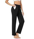 ASIMOON Womens Exercise Pants Stretch Workout Pants Loose Comfy Wide Leg Sweatpants Ladies Pull on Yoga Pants with Pockets for Women Black-a