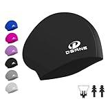 Womens Silicone Swim Cap for Long Hair,3D Ergonomic Design Silicone Swimming Caps for Women Kids Men Adults Boys Girls with Ear Plug and Nose Clip(Black/L)