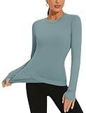 AKEWEI Long Sleeve Workout Tops for Women Compression Tight Shirts Athletic Gym Yoga Running Clothes Tee Activewear Grey Blue S