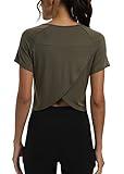 Mippo Short Sleeve Workout Tops Athletic Shirts Gym Clothes Exercise Tees Sports Running Active Wear Cute Work Out Crop Top Tshirts for Women Loose Fit Army Green L