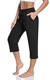 TARSE Women's Capris Plus Size Lightweight Summer Capri Crop Pants Ladies High Waisted Sweatpants Pockets (Black,2XL)