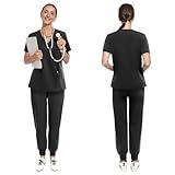 UnionMed Tech Scrubs for Women Set, Stretchy Slim Fit V-Neck Top & Jogger Scrub Pants with Multi Pocket Yoga Waistband