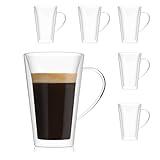 HORLIMER Double Walled Glass Coffee Mugs, 13.5oz Insulated Clear Coffee Cups with Handle Set of 6, Perfect for Cappuccino, Latte, Tea, Hot Beverages