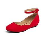 DREAM PAIRS Women's Revona Red Suede Low Wedge Ankle Strap Flats Shoes Casual - 9 B(M) US