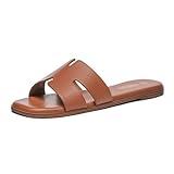 Rihero Women's Dressy Flat Sandals Comfortable Slip On Leather Slide Brown Sandals Size 8