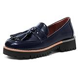 MUCCCUTE Loafers for Women Platform Chunky Loafer Comfortable Slip On Lug Sole Patent Leather Tassel Casual Work Shoes Blue Size 9