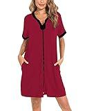 SWOMOG Women Zipper Front House Coat Short Sleeves Robe Zip up Bathrobes Short Nightgown with Pockets S-3XL Wine Red Large