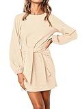 PRETTYGARDEN Women's Elegant Long Lantern Sleeve Short Dress Crewneck Tie Waist Knit Cocktail Dress (Apricot,Medium)