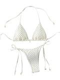 SHENHE Women's 2 Piece Halter Swimsuit Textured Tie Side Triangle Bikini Bathing Suit Beige L