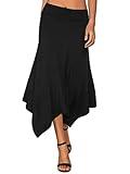 DJT Women's High Elastic Flat Waist Handkerchief Hem Flowy Flared Casual Midi Skirt Black S