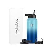 H2 Hydrology Sport Water Bottle 3 LIDS (Straw Lid & Spout Lid) | Double Wall Vacuum Insulated Stainless Steel Wide Mouth | Sports Hot & Cold Leak Proof Sweat Free Thermos (32 oz, Cool Water)