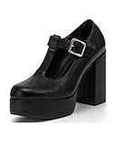 Coutgo Black Platform Heels for Women T-Strap Patent Chunky Heel Mary Jane Shoes