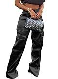 NRTHYE Women High Waisted Satin Cargo Pants Wide Leg Casual Pants Multi Pockets Straight Trousers