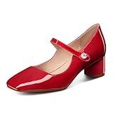 MUCCCUTE Mary Jane Shoes Women Chunky Block Heels Pumps Closed Toe Comfortable Patent Leather Work Dress Shoes Red Size 5.5