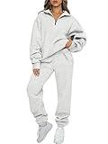 AUTOMET Womens Winter 2 Piece Outfits Sweat Suits Long Sleeve Tracksuits Quarter Zip Pullover with Fleece Sweatpants Grey M