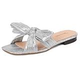 MUCCCUTE Women's Silver Flat Sandals Mule for Women Flats Square Open Toe Slip-On Slide Sandals Size 7