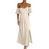 Generic Personalized Gifts Fashion Womens Dresses Off The Shoulder Short Sleeve Slit Summer Dress Elegant Sexy Maxi Dresses for Holiday Vacation, Small, A01_white