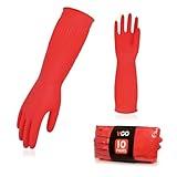 Vgo... 10-Pairs Dishwashing Gloves, Reusable Household Gloves, Kitchen Gloves, Long Sleeve, Thick Latex, Cleaning, Washing, Working, Painting, Gardening, Pet Care (Size L,Red, RB2143)