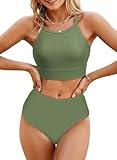 Herseas Women's Bikini Sets High Neck Floral Print High Waisted Longline Two Pieces Swimsuits Seamless Sporty Teens Resort Wear Green Bathing Suits Medium