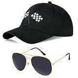 Baseball Cap with Sunglasses for Men Women Checkered Flags Race Car Flag Hat for Racing Car Party Dress Up Supplies (Black)