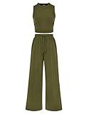 BTFBM Summer Lounge Sets For Women Ribbed Knit Tank Top Wide Leg Pants Matching Set 2 Piece Resort Wear For Women 2024(Solid Army Green, Medium)