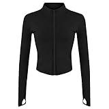 Lviefent Womens Lightweight Full Zip Running Track Jacket Workout Slim Fit Yoga Sportwear with Thumb Holes (Black, Large)