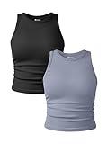 OQQ Women's 2 Piece Tank Tops Crew Neck Sleeveless Basic Stretch Casusal Yoga Crop Camis Black Blues