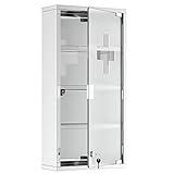 HOMCOM Wall Mounted Medicine Cabinet, Locking Wall Cabinet with 4 Tier Shelves, Stainless Steel Frame and Glass Door, Lockable with 2 Keys, Silver, 12" x 24"