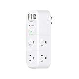 USB Outlet Extender Surge Protector - with Rotating Plug, 6 AC Multi Plug and 3 USB Ports (1 C), 1800 Joules, 3-Sided Swivel Power Strip Spaced Splitter for Home, Office, Travel