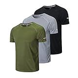 frueo Men’s 3 Pack Sport T-Shirt, Cool Dry Breathable Short Sleeve Mesh Fitness Shirt, Workout Gym Running Top,Black Gray Green,2XL