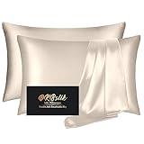 Silk Pillow Cases 2 Pack, Mulberry Silk Pillowcases Standard Set of 2, Health, Smooth, Anti Acne, Beauty Sleep, Both Sides Natural Silk Satin Pillow Cases for Women 2 Pack with Zipper for Gift, Beige