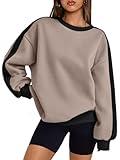 Trendy Queen Womens Oversized Sweatshirts Fall Crewneck Hoodies Color Block Long Sleeve Shirts Pullover Cute Y2K Tops Fleece Winter Fashion Clothes Travel Outfits 2024 CoffeeGrey S