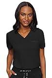 Med Couture Women's V-Neck Scrub Top, Modern Fit Tuck-in Top with Stretchy Rib-Knit Shoulders and Chest Pocket - MC7448, Black, Small