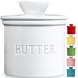 PriorityChef French Butter Crock with Lid, Get on Demand Spreadable Butter, Ceramic Butter Keeper to Leave on Counter with Water Line, White